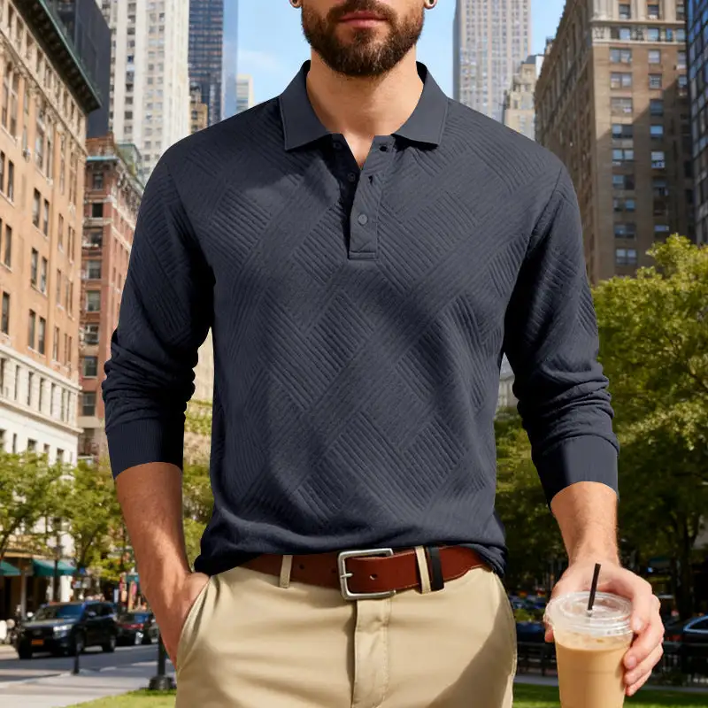 Jacquard Long Sleeve Fine Knit Polo Shirt