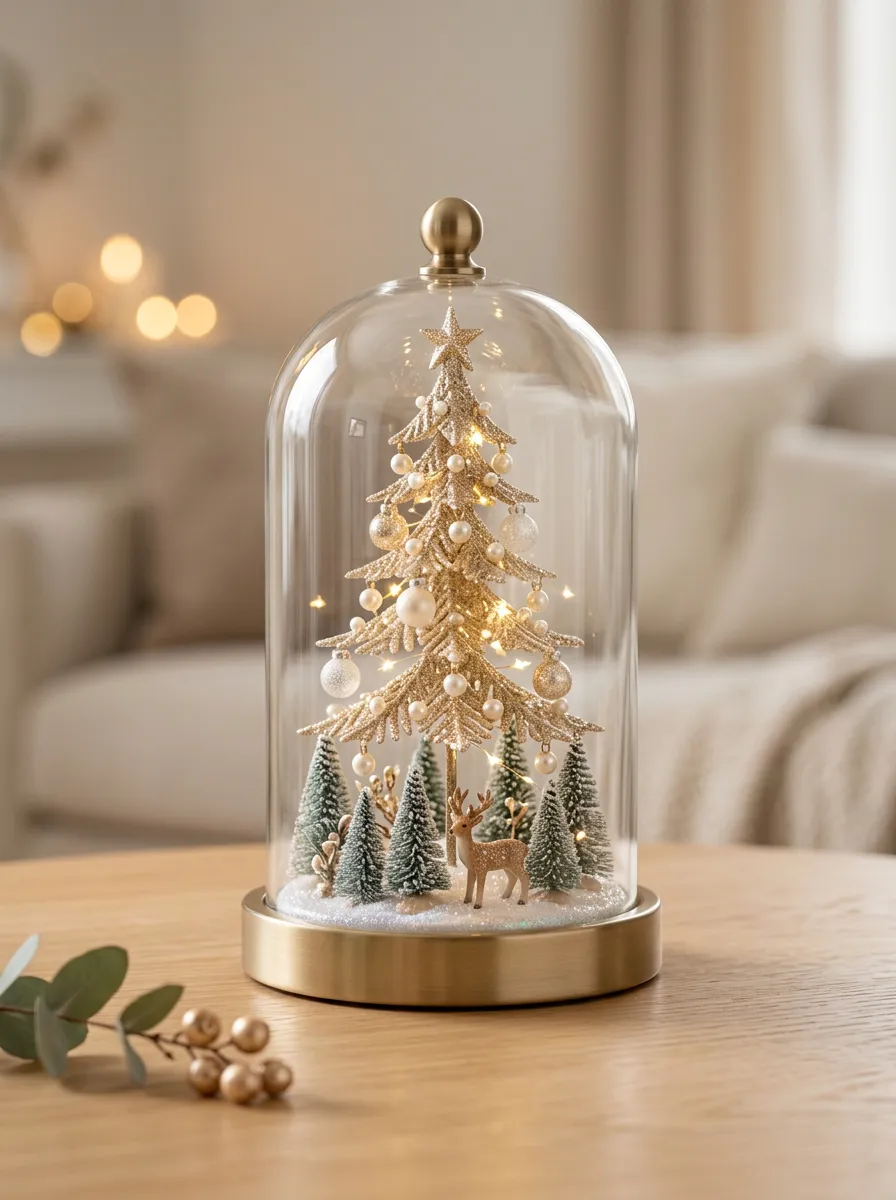 Gold Tree Reindeer Glass Dome Christmas Tabletop Ornament