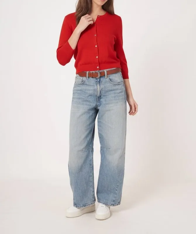 Cotton Button-Front Three-Quarter Sleeve Ribbed Cardigan