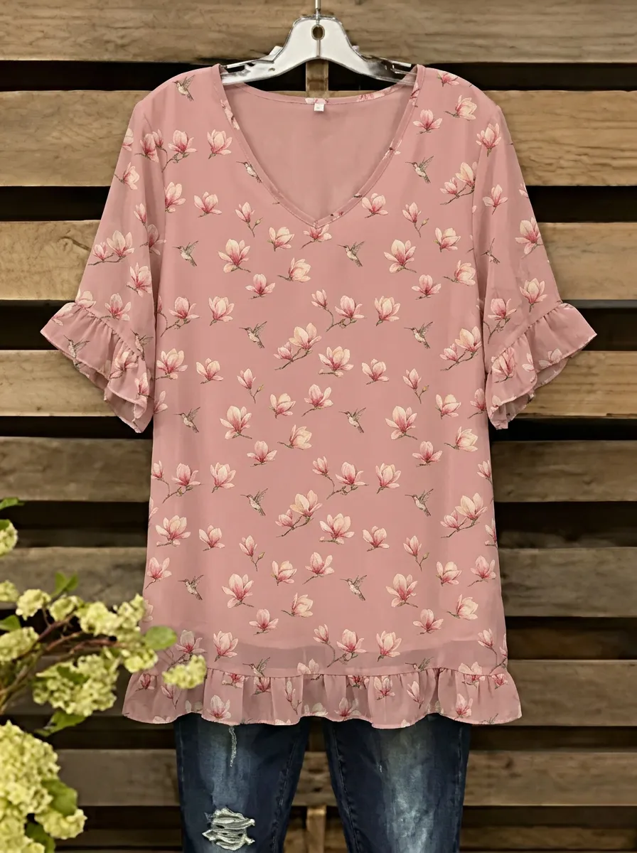 Hummingbird Magnolia Floral Women's Loose Printed Blouse