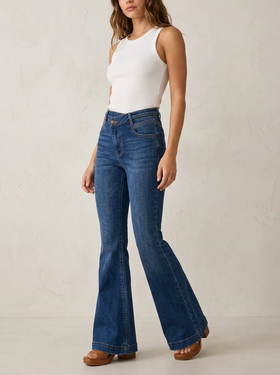 Women's High-Waisted Crossover Waist Flared Denim Jeans