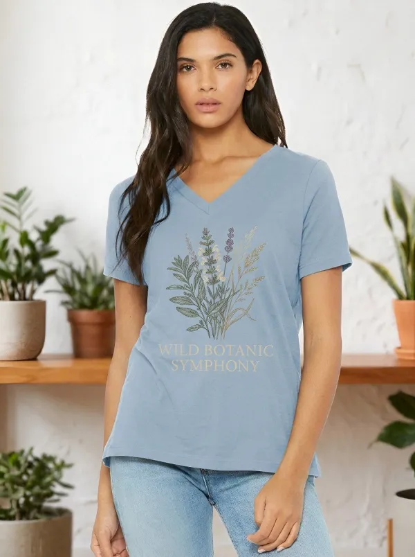 Women's Nature Lover Wild Botanic Symphony Floral Printed V-neck T-shirt