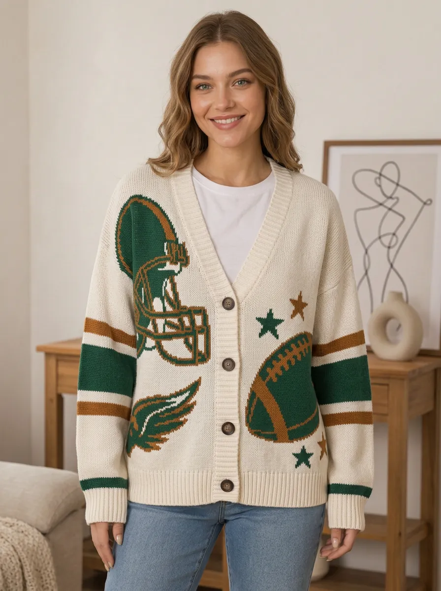 Women's Playbook Inspired Gridiron Helmet Ball Knit Cardigan