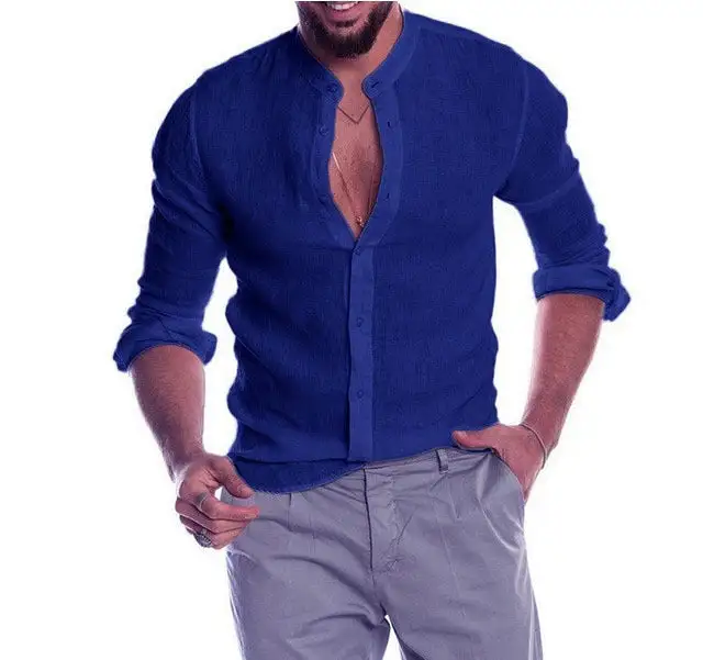 Men's Linen Shirt With Stand-up Collar Continuous Button Placket And Casual Slim-Fit Cut