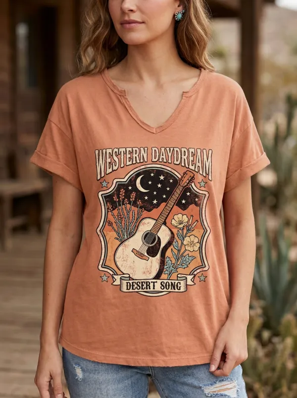 Women's Western Daydream Guitar Desert Song Printed V-neck T-shirt