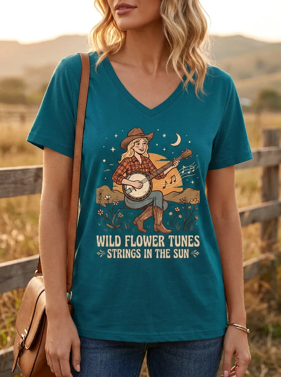 Banjo Cowgirl Women's Country Music V-Neck T-Shirt