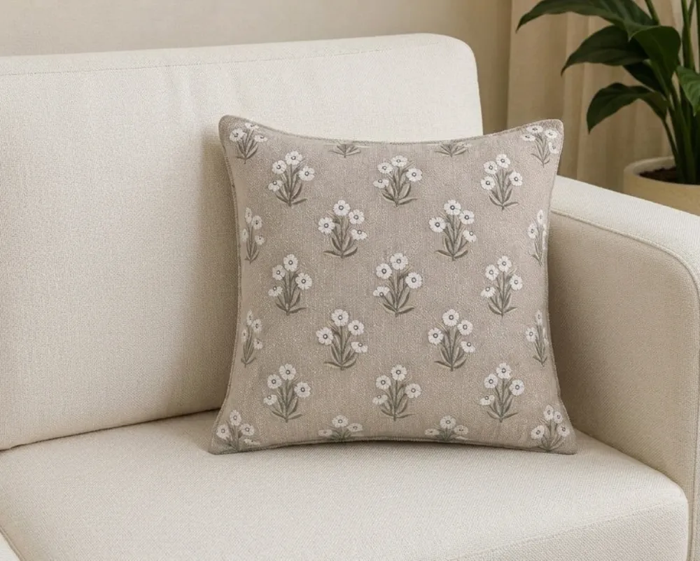 Hand Embroidered Floral Botanical Cotton Decorative Cushion Cover