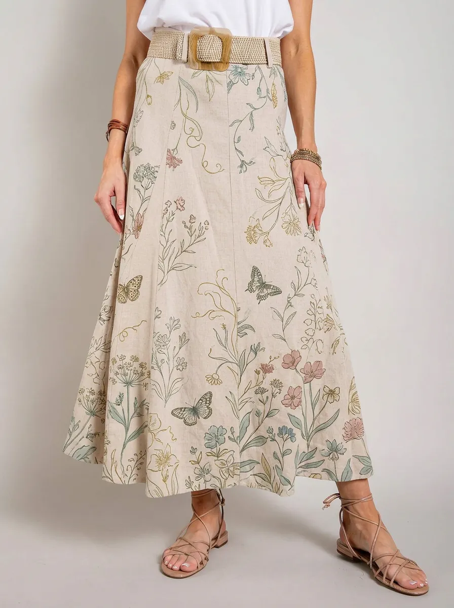 Women's A-Line Botanical Butterfly Floral Printed Midi Skirt
