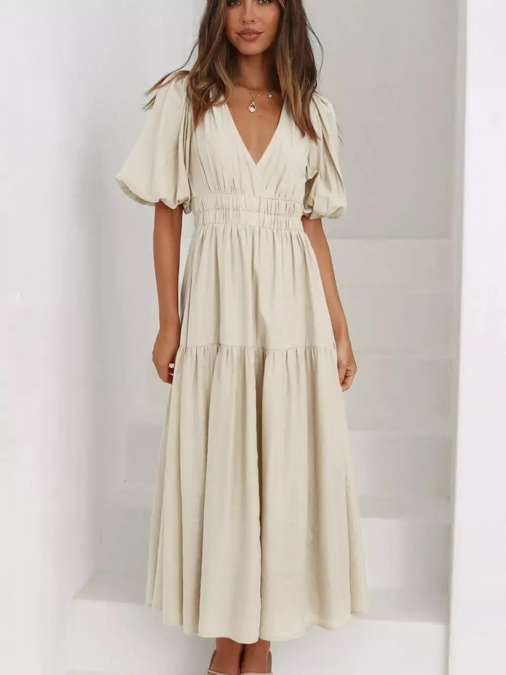 V Neck Puff Sleeve Midi Dress