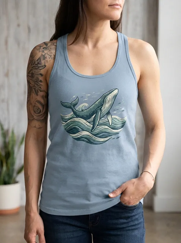 Women's Ocean Lover Humpback Whale Waves Printed Tank Top
