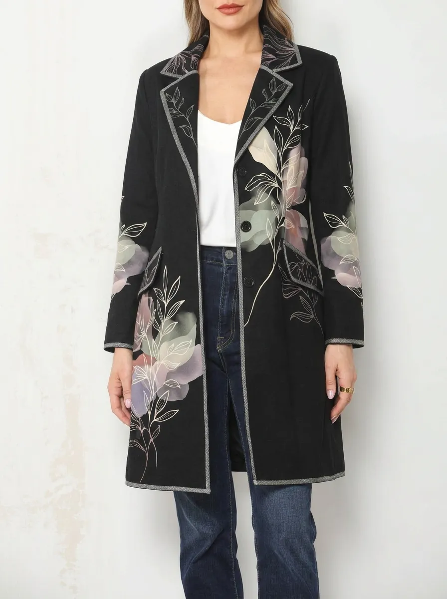 Women's Floral Art Botanical Print Longline Blazer Coat