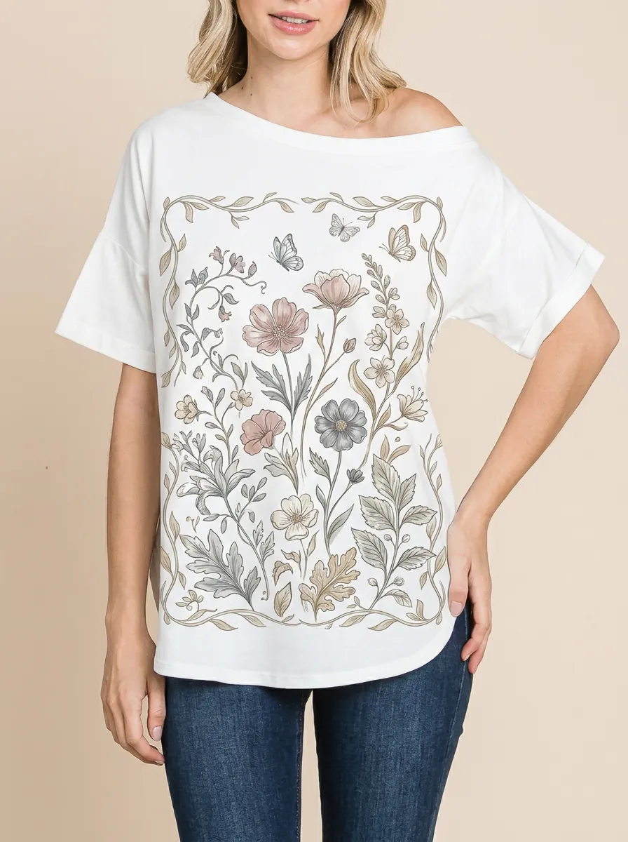 Women's Botanical Butterfly Floral Frame Printed T-shirt