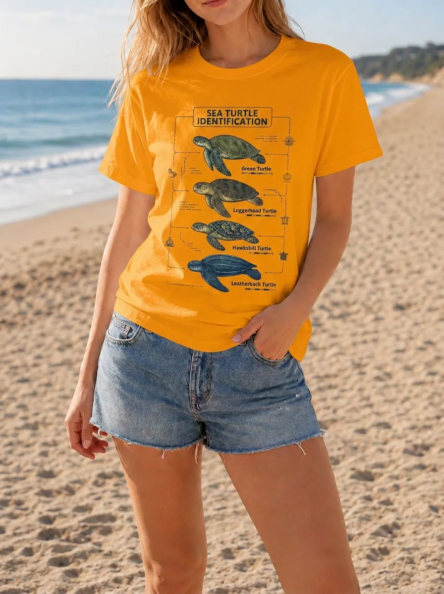 Women's Sea Turtle Lover Marine Life Identification Printed T-shirt