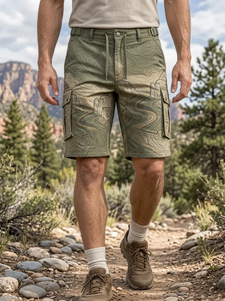 Men's Relaxed Outdoor Hiking Topographic Map Cargo Shorts