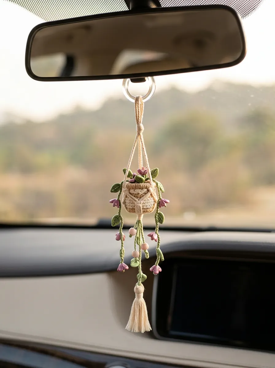 Macrame Knitted Floral Plant Rearview Mirror Hanging Ornament