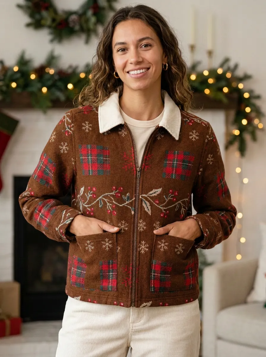 Christmas Holiday Plaid Snowflake Berry Print Jacket
