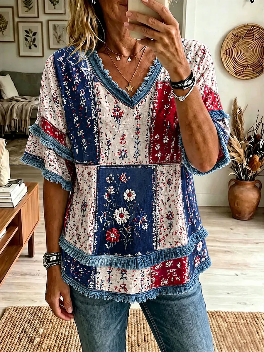Women'S Retro Independence Day Flower Art Cotton And Hemp Printed Top