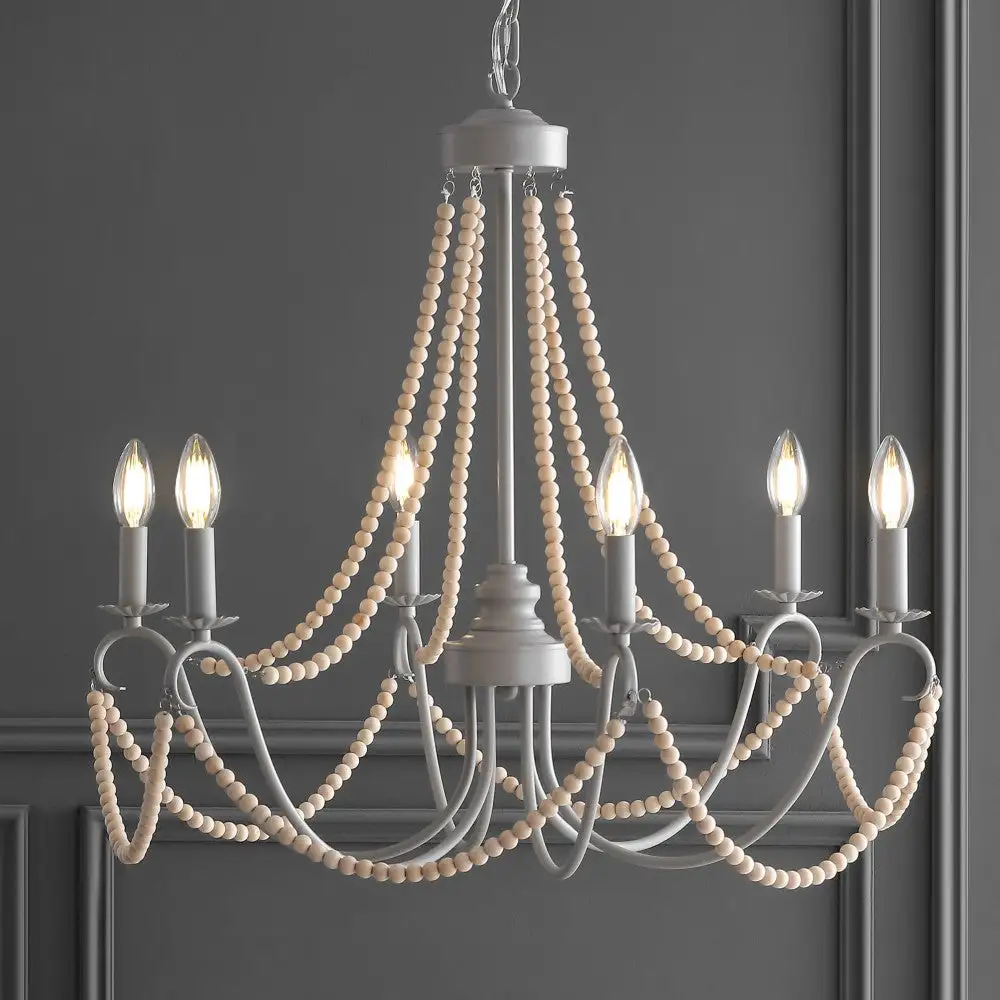 Six-Light Adjustable Metal Wood Bead LED Chandelier