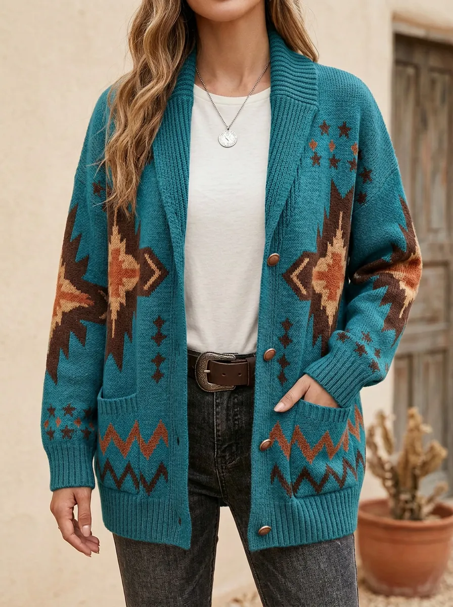Women's Western B3 Aztec Star Geometric Pattern Knitted Cardigan