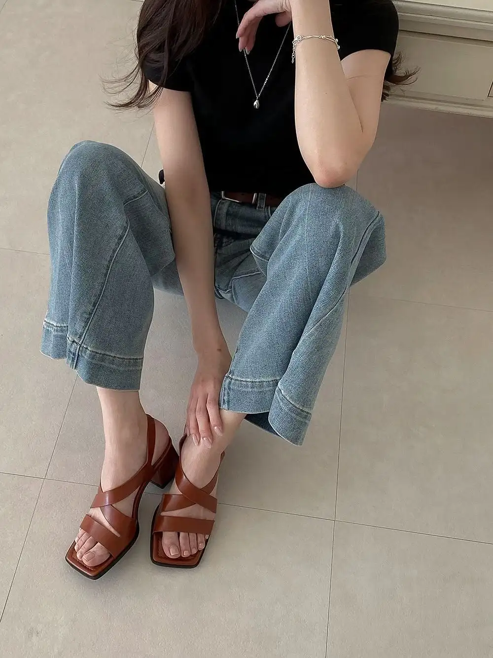 Faux Leather Cross Strap Heeled Sandals