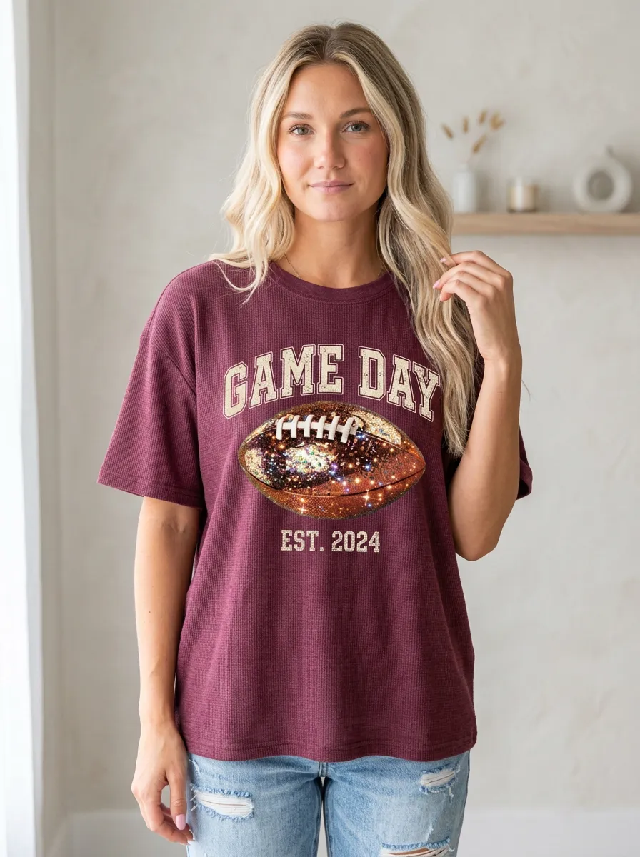 Women's Iconic Inspired Football Ball Sparkle Crew Neck Graphic T-Shirt