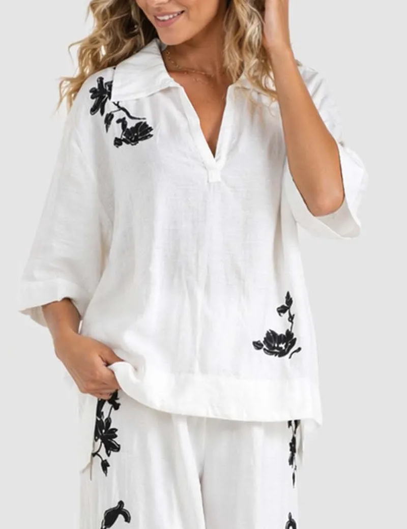 Loose V Neck Embroidery Color Block Blouse