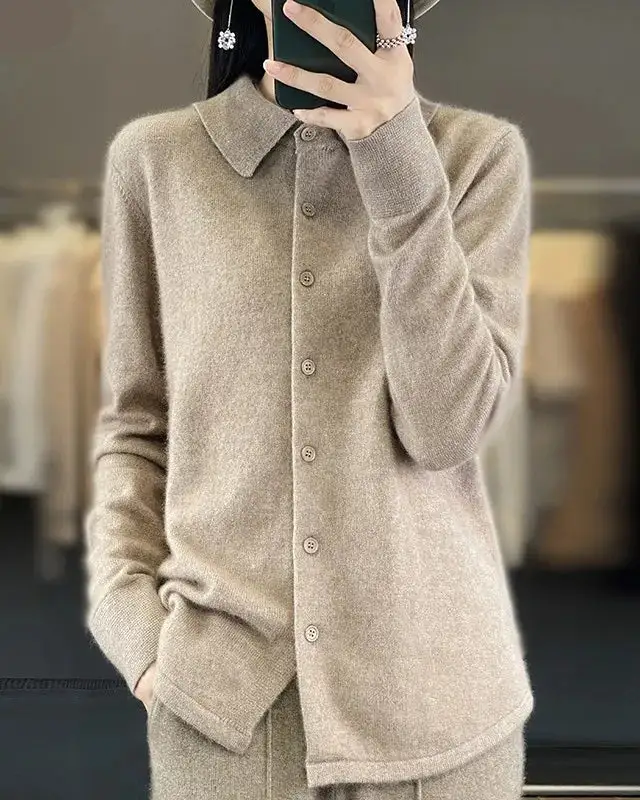 Mink-Cashmere Cashmere Button-Front Polo-Collar Cardigan