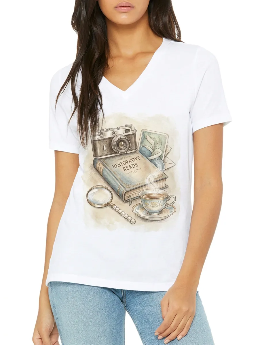 Women's Book Lover Restorative Reads Camera Coffee Printed V-neck T-shirt