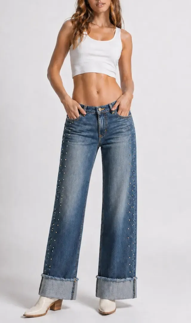 Low Rise Wide Leg Cuffed Studded Detail Western Style Denim Jeans