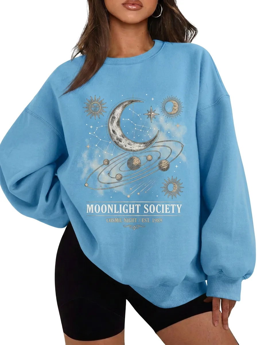 Women's Celestial Moon Sun Planets Moonlight Society Printed T-shirt