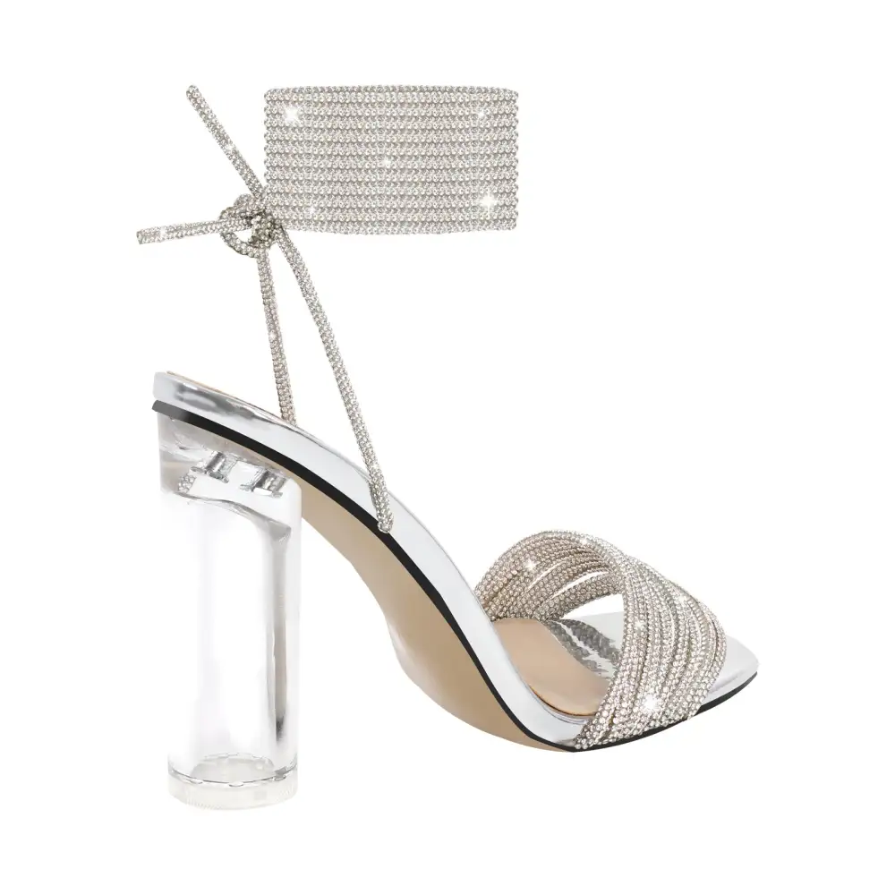 Strap Rhinestone Clear Chunky Heel Lace Up Sandals