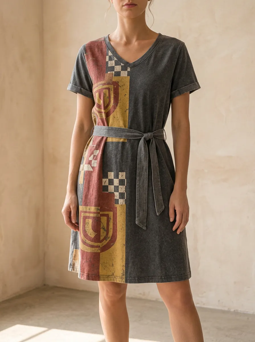 Women's Vintage Geometric Shield Checkerboard Printed V-Neck Dress