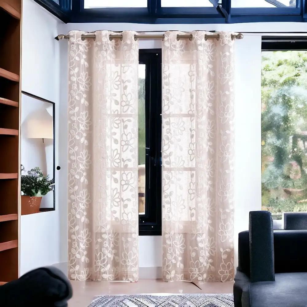 Semi-Sheer Polyester Floral Embroidered Curtain Panel Pair