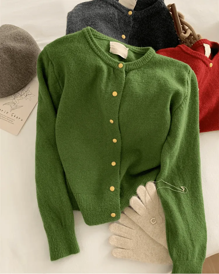 Classic Wool Button-Front Round-Neck Cardigan