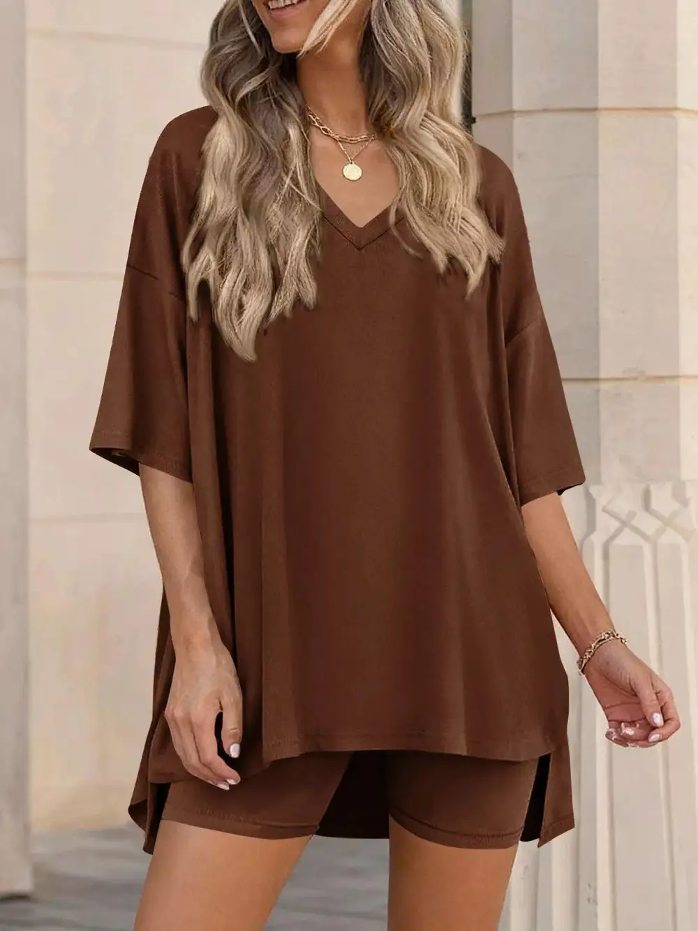 Casual Loose V Neck T Shirt Shorts Sets