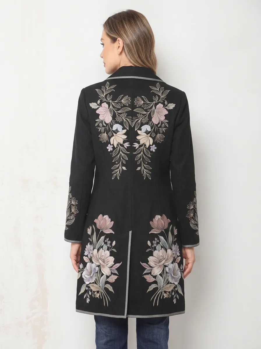 Women's Floral Art Vintage Style Printed Long Blazer Coat