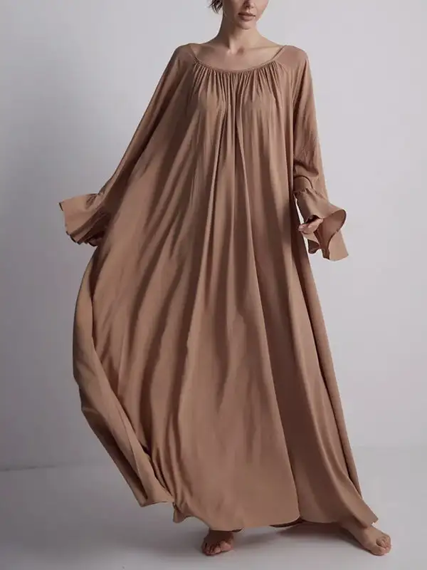 Flared Color Pleated Neck Maxi Dress