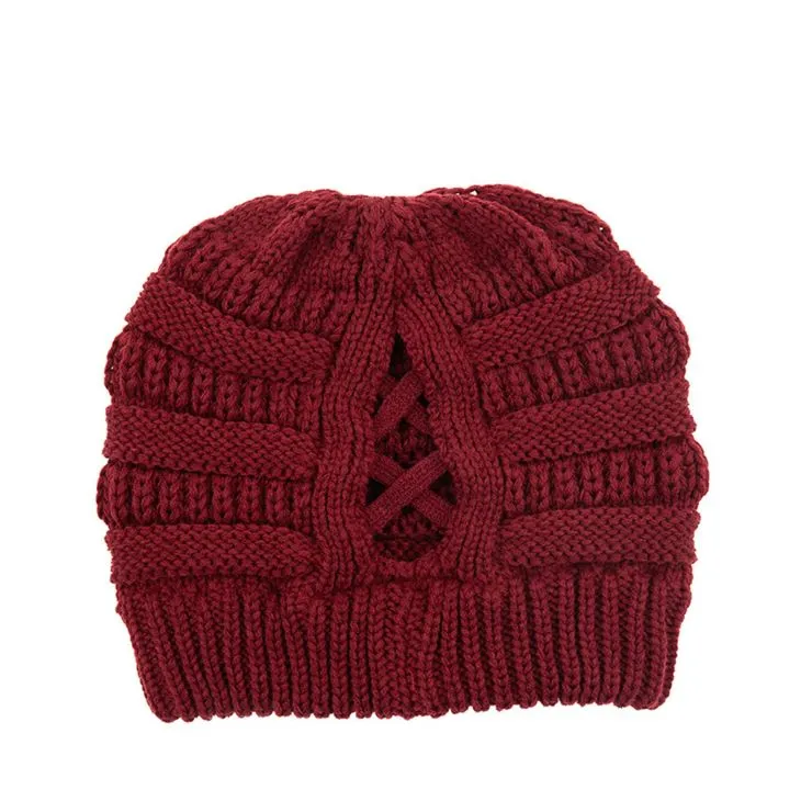 Criss Cross Ponytail Knit Beanie