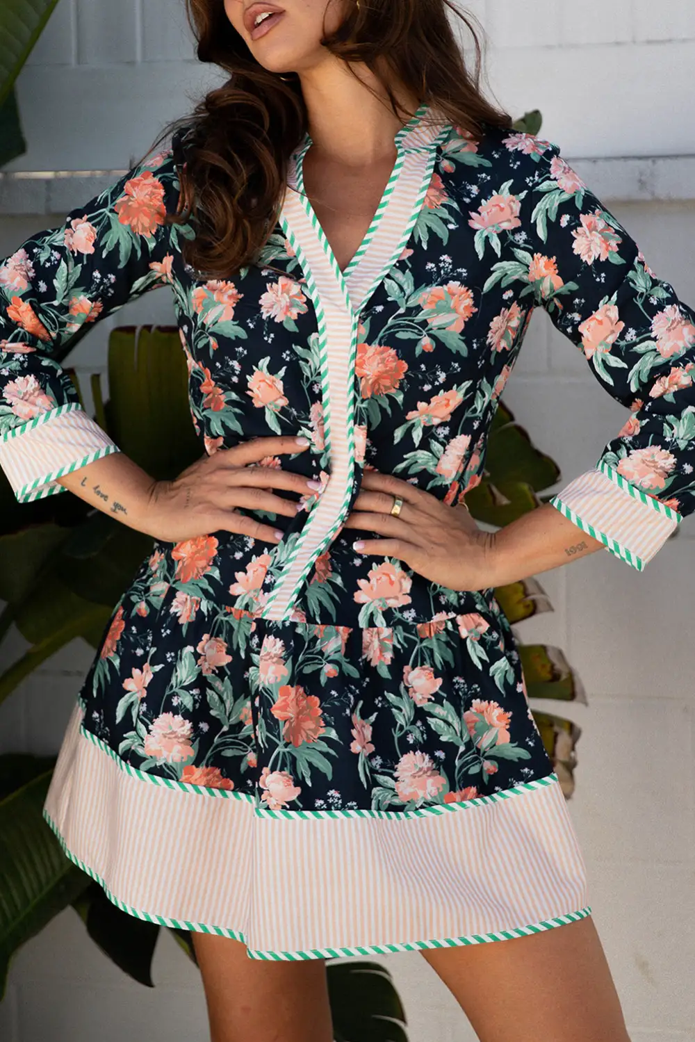 Balanced Detail Floral Striped V Neck Mini Dress