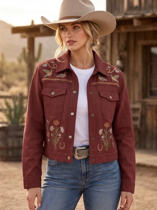 Women's Western Cowgirl Horseshoe Horse Floral Duck Denim Jacket