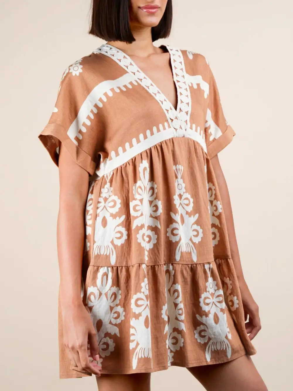 Printed V Neck Short Sleeve Mini Dress