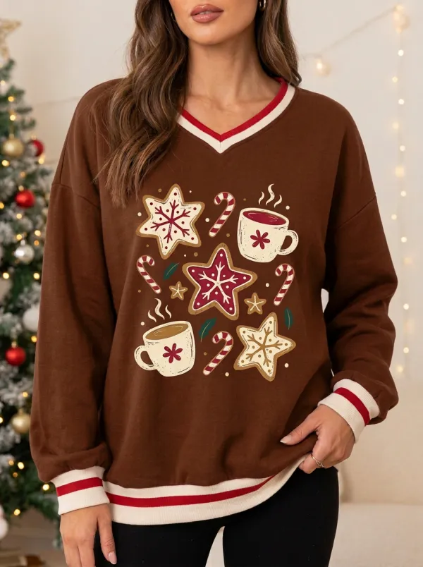 Christmas Cookie Cocoa Candy Cane Print Sweatshirt