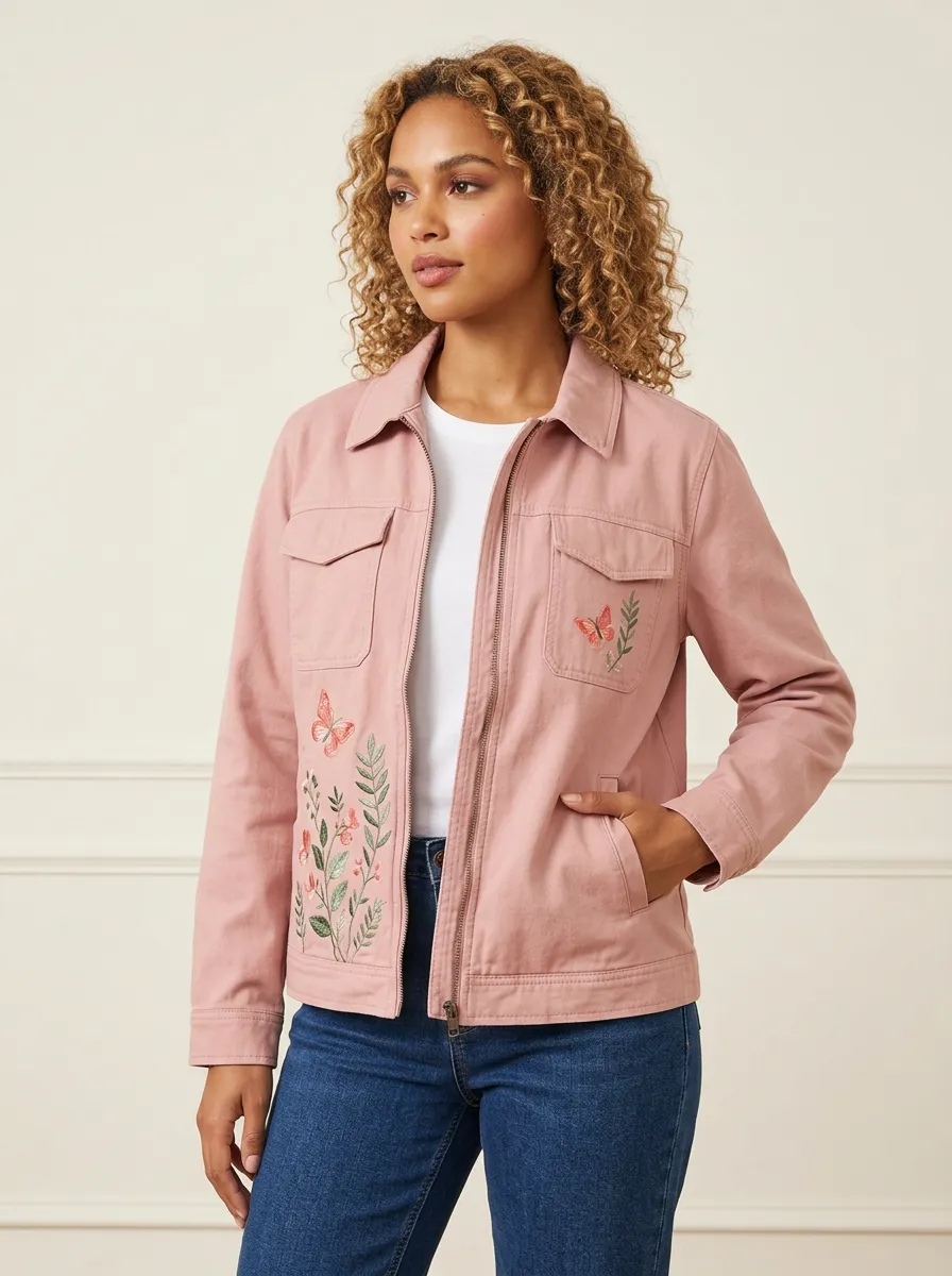 Women's Butterfly Floral Nature Lover Embroidered Pink Jacket