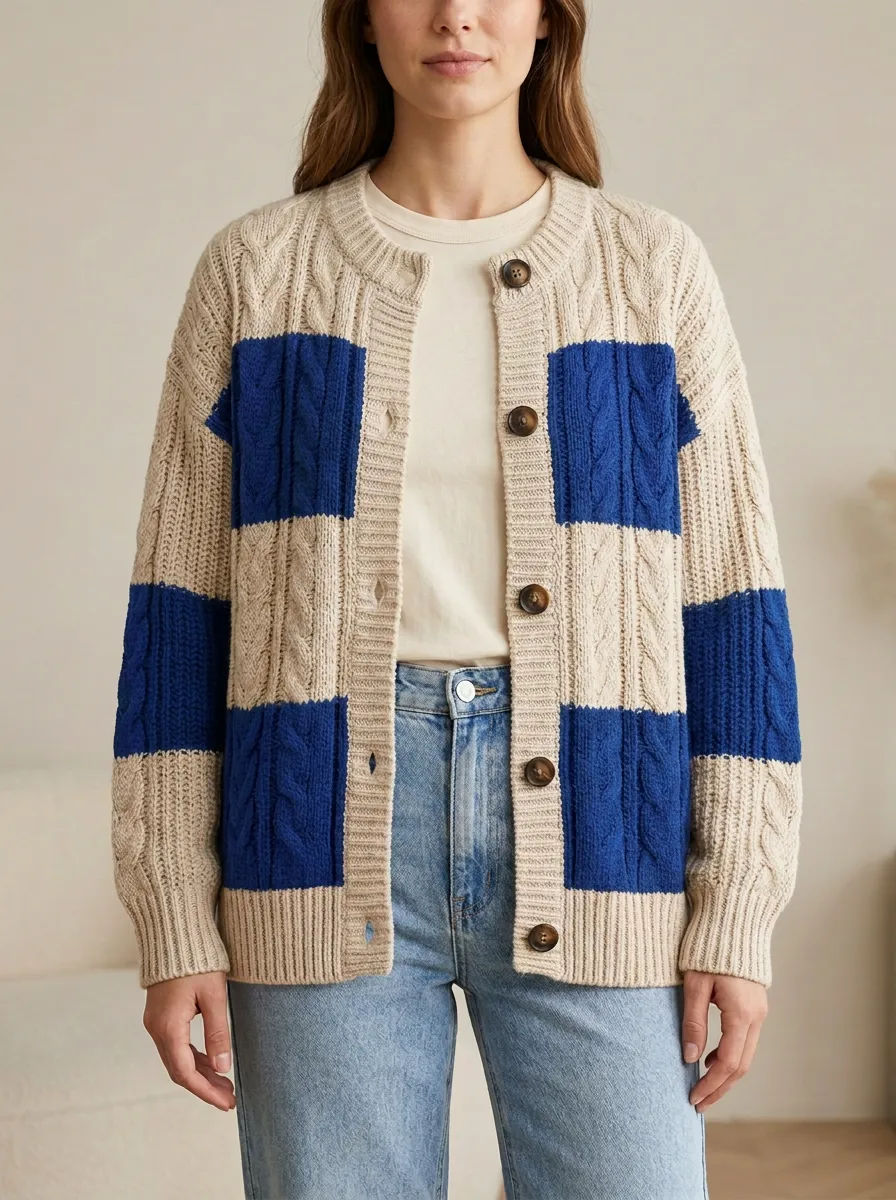 Rugby Color Block Cable Knit Cardigan