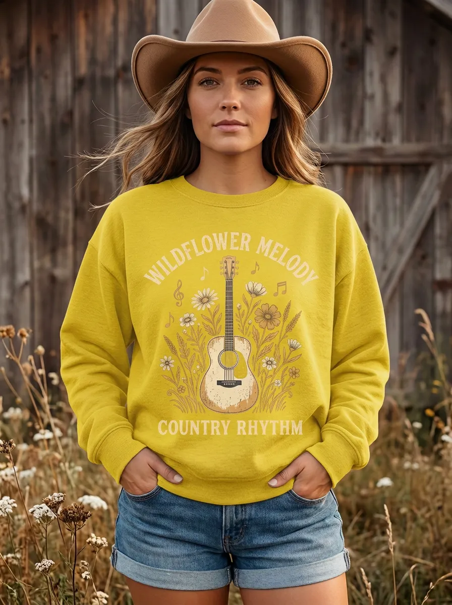 Guitar Wildflower Women's Country Music Crew Neck Sweatshirt