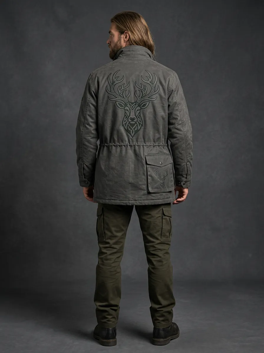 Men's Viking-Inspired Stag Celtic Knot Embroidered Field Jacket