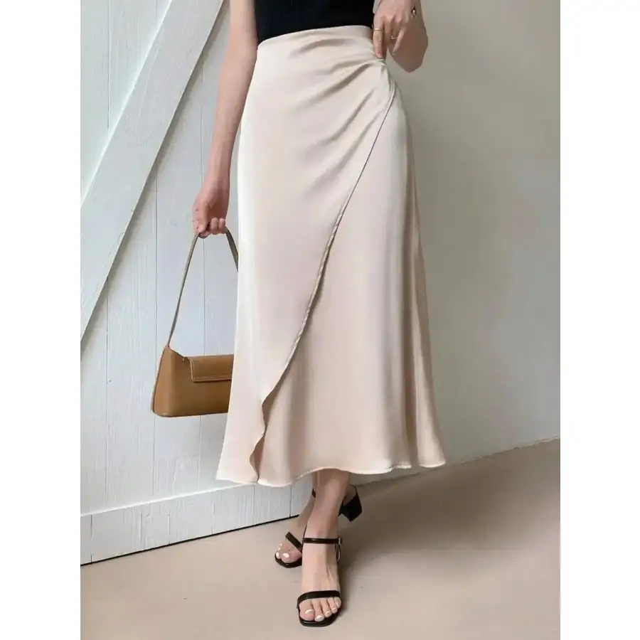 Asymmetric Wrap Midi Skirt with Fluted Hem