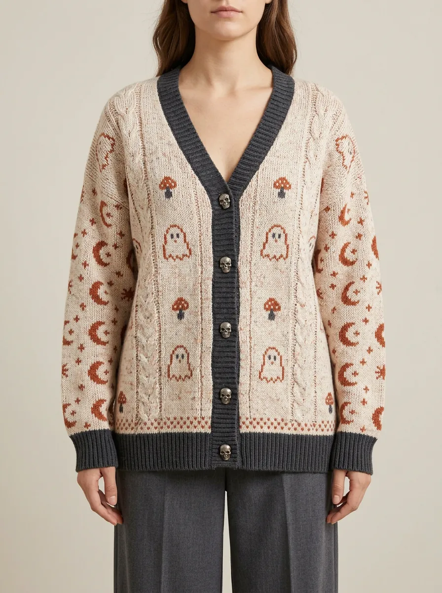 Women's Ghost Mushroom Moon Halloween Knit Cardigan