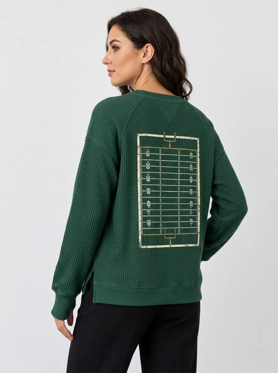 Women's Vintage Football Field Graphic Raglan Side-Slit Waffle-Knit Crewneck Sweatshirt