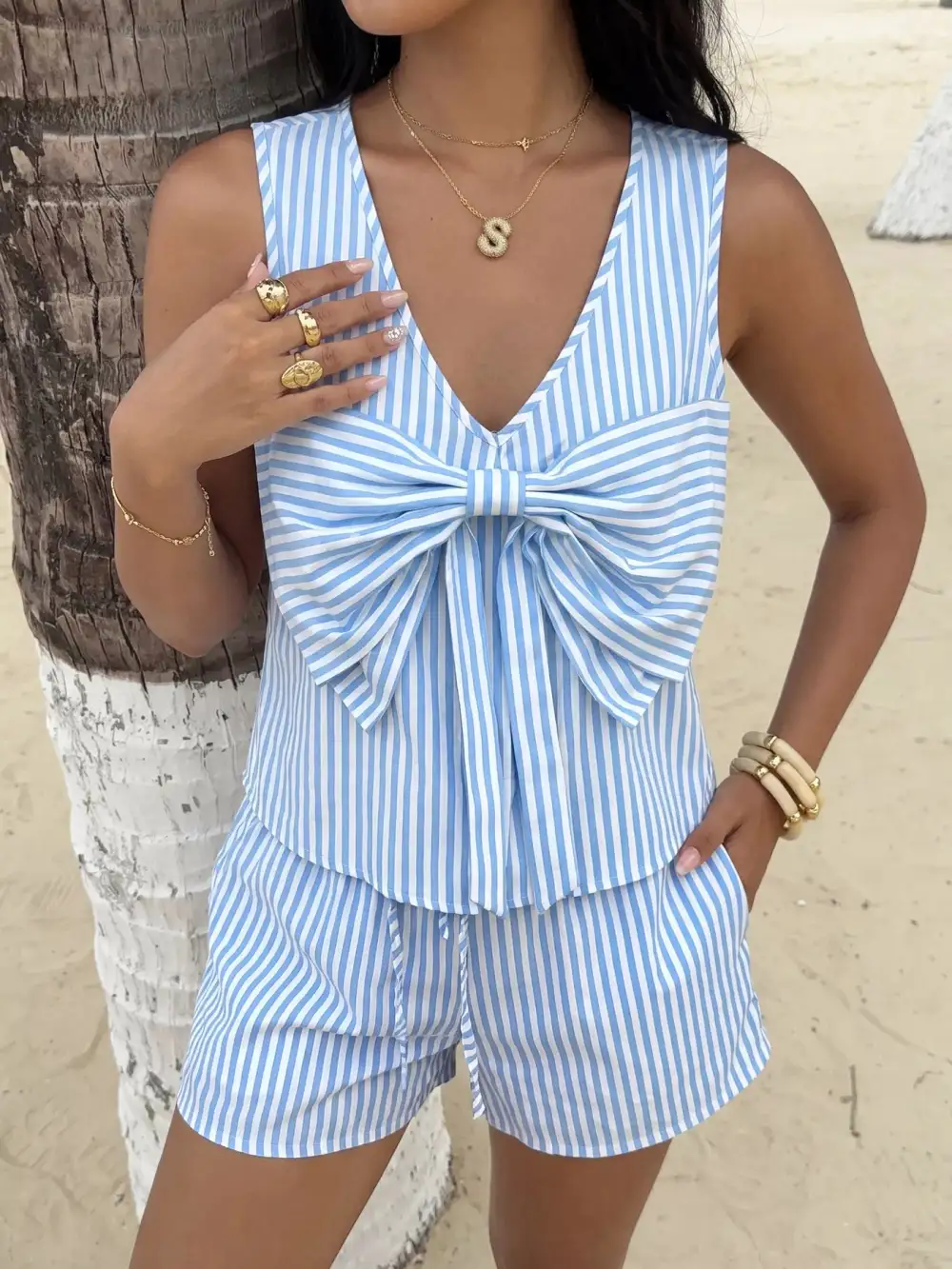 Striped Bowknot Sleeveless Top Shorts Set